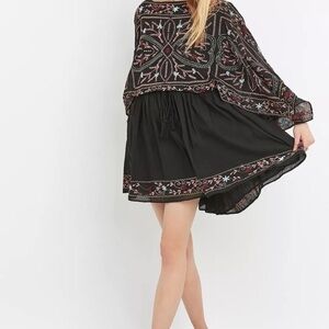 Free People Frida Embroidered Black Mini Dress Kaftan Silhouette Womans small